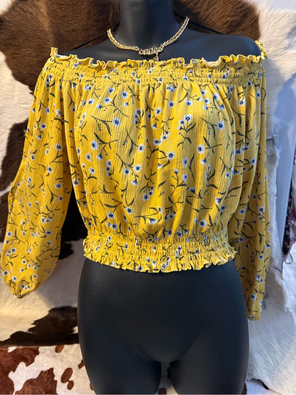 Divided Mustard Yellow Floral Off-Shoulder Smocked Waist Blouse